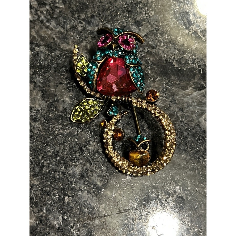 Vtg‎ Owl Mommy Baby Brooch Rhinestones Lapel Bird Pin Whimsical Fashion Jewelry